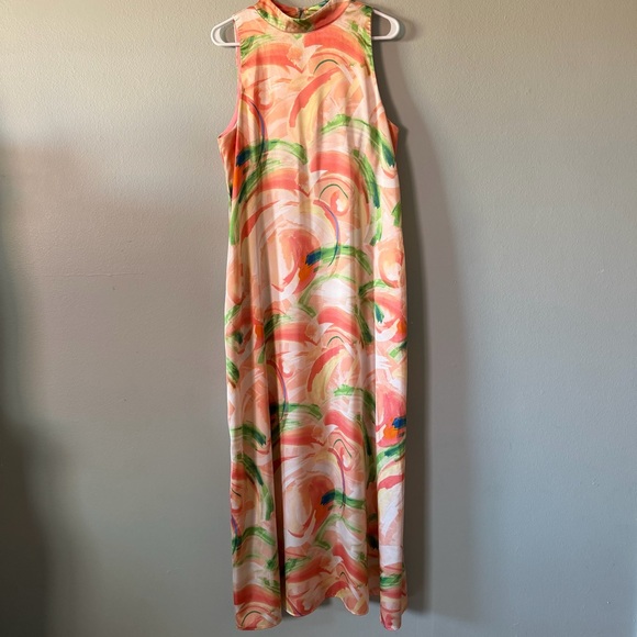 Nicole Miller Peach Orange Green Abstract Maxi Dress Size L - Picture 2 of 6